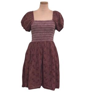 Jessakae Dress Size Small Brick Red Brown Eyelet Puff Sleeve Fit and Flare
